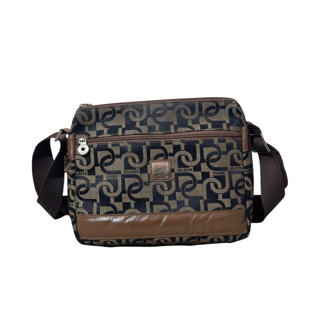 Delicato France Monogram Crossbody‎ Bag Brown Jacquard Messenger Multi Pocket